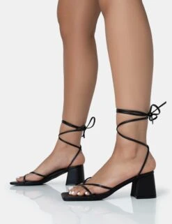 Casey Black Strappy Lace Up Square Toe Low Block Heel Sandals -LoafLuxe Shop 771A1706