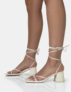 Casey Ecru Strappy Lace Up Square Toe Low Block Heel Sandals -LoafLuxe Shop 771A1711