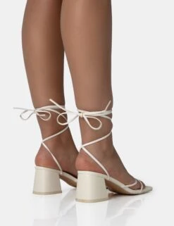 Casey Ecru Strappy Lace Up Square Toe Low Block Heel Sandals -LoafLuxe Shop 771A1713