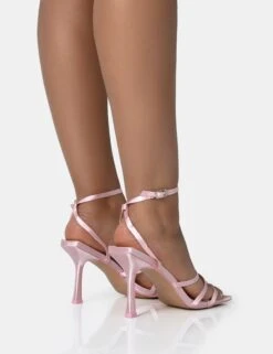 Mademoiselle Baby Pink Satin Strappy Square Toe Mid Stiletto Heels -LoafLuxe Shop 771A1717