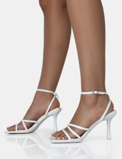 Mademoiselle White Pu Strappy Square Toe Mid Stiletto Heels -LoafLuxe Shop 771A1719