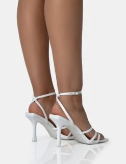 Mademoiselle White Pu Strappy Square Toe Mid Stiletto Heels -LoafLuxe Shop 771A1721