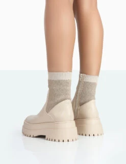 Paloma Nude Boucle Knit Platform Chunky Sole Sock Ankle Boots -LoafLuxe Shop 771A1756
