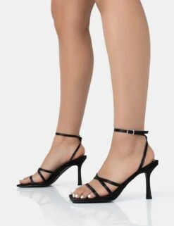 Mademoiselle Wide Fit Black Satin Strappy Square Toe Mid Stiletto Heels -LoafLuxe Shop 771A1760