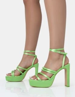 Viola Lime Satin Strappy Square Toe Platform Flat Block Heels -LoafLuxe Shop 771A1783