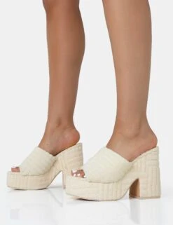 Wavez Ecru Terry Towelling Round Toe Platform Block Heel Mules -LoafLuxe Shop 771A1791copy