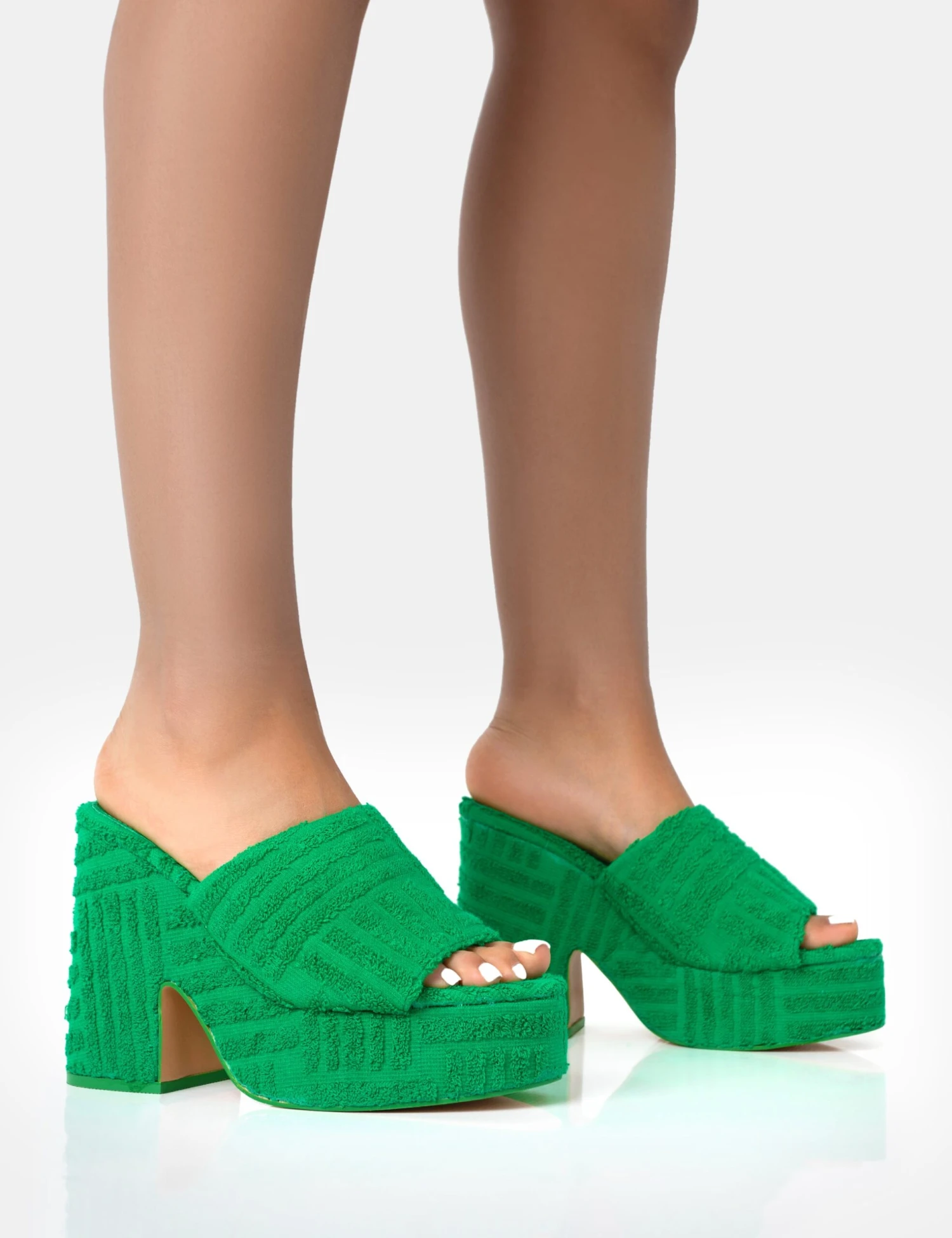 Wavez Green Terry Towelling Round Toe Platform Block Heel Mules 3 Wavez Green Terry Towelling Round Toe Platform Block Heel Mules