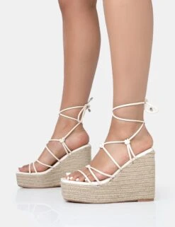 Islander Ecru Lace Up Square Toe High Heeled Sandal Esparille Wedges -LoafLuxe Shop 771A1904