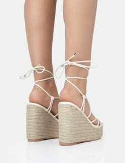 Islander Ecru Lace Up Square Toe High Heeled Sandal Esparille Wedges -LoafLuxe Shop 771A1906