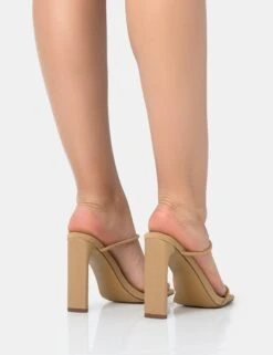True Camel Nylon Strappy Barely There Square Toe Flat Block Heels -LoafLuxe Shop 771A1930