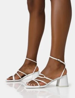 Dayla White Pu Strappy Square Toe Block Mid Heel Sandals -LoafLuxe Shop 771A2000