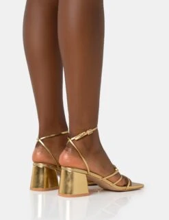 Dayla Gold Strappy Square Toe Block Mid Heel Sandals -LoafLuxe Shop 771A2003