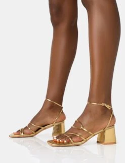 Dayla Gold Strappy Square Toe Block Mid Heel Sandals -LoafLuxe Shop 771A2004
