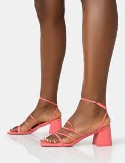 Dayla Coral PU Strappy Square Toe Block Mid Heel Sandals -LoafLuxe Shop 771A2008