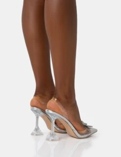 Stormi Silver Metallic Butterfly Diamante Slingback Pointed Court Stiletto Heels -LoafLuxe Shop 771A2026