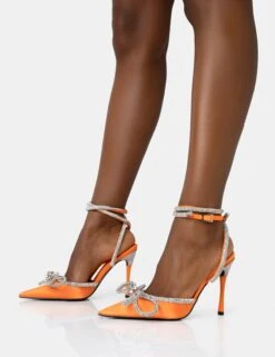 Midnight Neon Orange Satin Wrap Around Bow Pointed Toe Court Heels -LoafLuxe Shop 771A2030