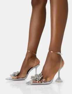 Vibez Silver Mirror Metallic Diamante Flower Broach Strappy Perspex Cake Stand Pointed Toe Heels -LoafLuxe Shop 771A2042