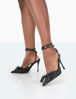 Midnight Black Glitter Wrap Around Diamante Bow Pointed Toe High Heel -LoafLuxe Shop 771A2047