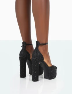Effie Black Diamante Ankle Strap Block Heel Platform Court High Heels -LoafLuxe Shop 771A2083