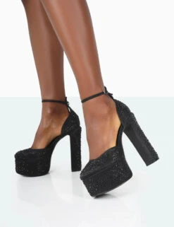 Effie Black Diamante Ankle Strap Block Heel Platform Court High Heels -LoafLuxe Shop 771A2085