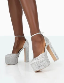 Effie Silver Sparkly Diamante Ankle Strap Block Heel Platform Court High Heels -LoafLuxe Shop 771A2091