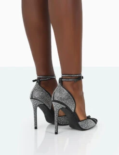 Glitch Black Diamante Mesh Pointed Toe Court Stiletto High Heel -LoafLuxe Shop 771A2094