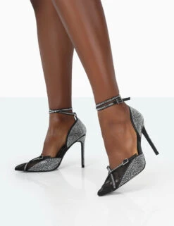 Glitch Black Diamante Mesh Pointed Toe Court Stiletto High Heel -LoafLuxe Shop 771A2095