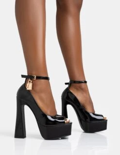 Formation Black Patent Padlock Detail Chunky Square Peep Toe Platform Heels