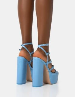 Flawless Baby Blue Patent Buckle Strap Round Toe Platform Block Heels -LoafLuxe Shop 771A2175