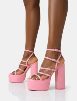 Flawless Baby Pink Patent Buckle Strap Round Toe Platform Block Heels -LoafLuxe Shop 771A2180