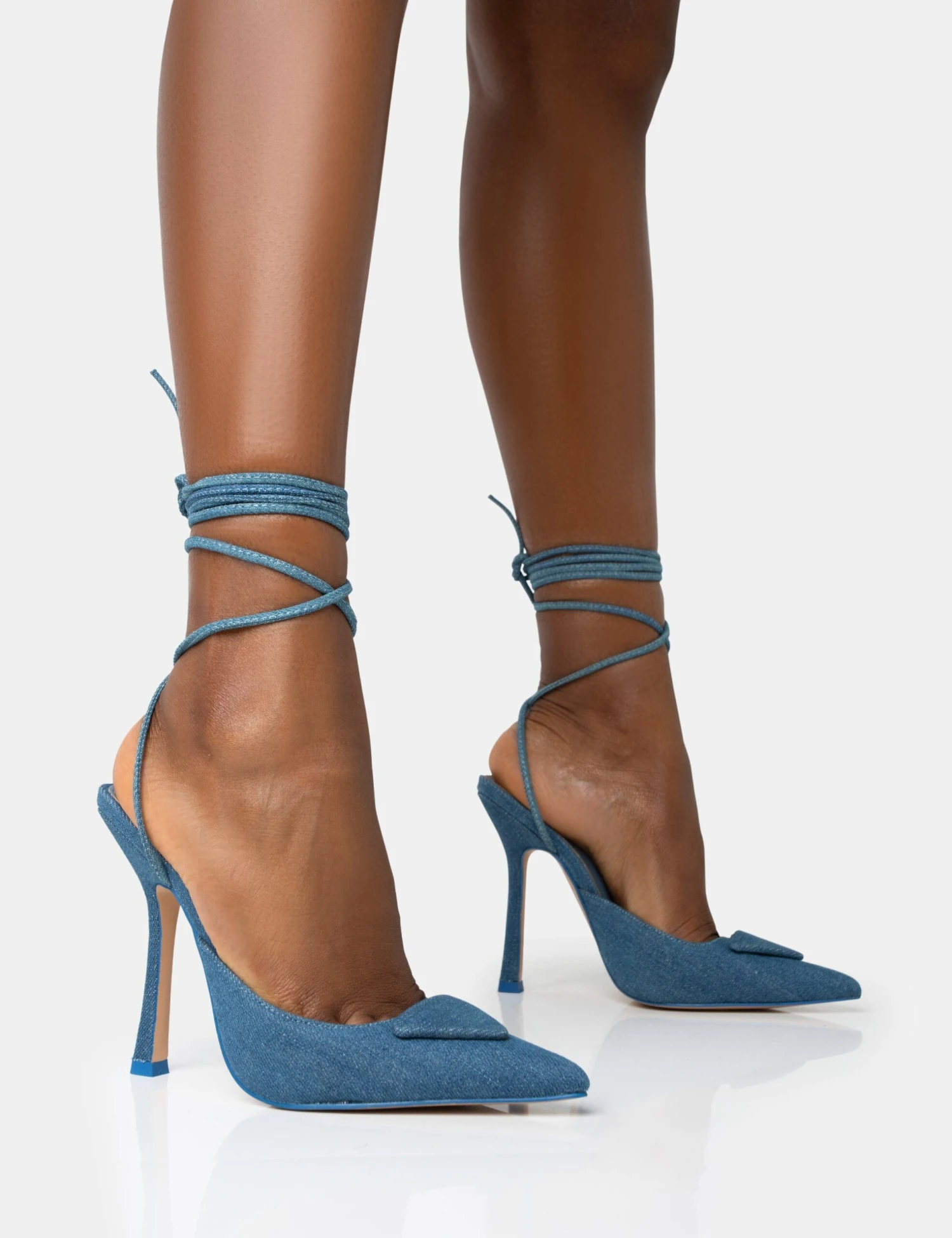 Vada Blue Denim Slingback Lace Up Pointed Court Stiletto Heels 3 Vada Blue Denim Slingback Lace Up Pointed Court Stiletto Heels