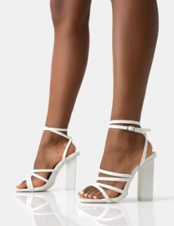 Tobi Wide Fit Ecru Patent Strappy Square Toe High Block Heels -LoafLuxe Shop 771A2400
