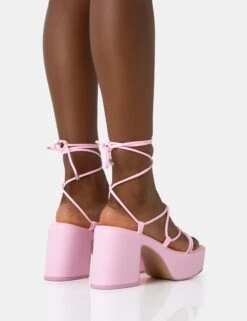 Darcy Baby Pink Strappy Lace Up Square Toe Mid Flatform Heels -LoafLuxe Shop 771A2413