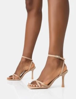 Erin Camel Nylon Barely There Square Toe Mid Heels -LoafLuxe Shop 771A2426