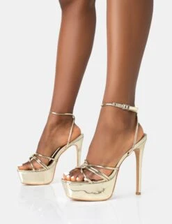 Afterhours Gold Strappy Platform Square Toe Stiletto Heels -LoafLuxe Shop 771A2430