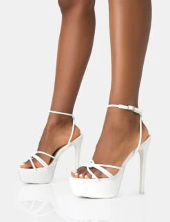 Afterhours White Patent Strappy Platform Square Toe Stiletto Heels -LoafLuxe Shop 771A2434