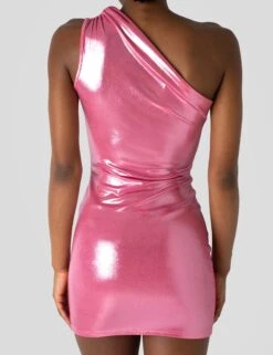 One Shoulder Ruched Metallic Mini Dress Pink -LoafLuxe Shop 771A2491copy2