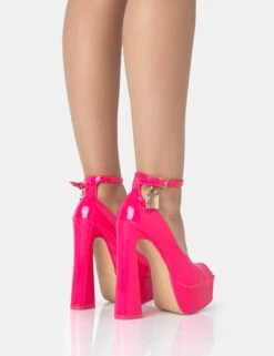 Formation Hot Pink Patent Padlock Detail Chunky Square Peep Toe Platform Heels -LoafLuxe Shop 771A2495