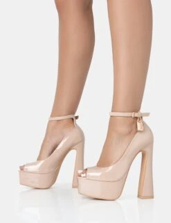 Formation Nude Patent Padlock Detail Chunky Square Peep Toe Platform Heels -LoafLuxe Shop 771A2497