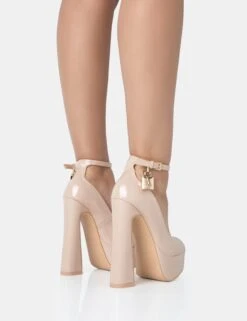 Formation Nude Patent Padlock Detail Chunky Square Peep Toe Platform Heels -LoafLuxe Shop 771A2499