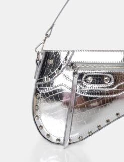 The Fox Metallic Silver Croc Studded Saddle Shoulder Bag -LoafLuxe Shop 771A2503
