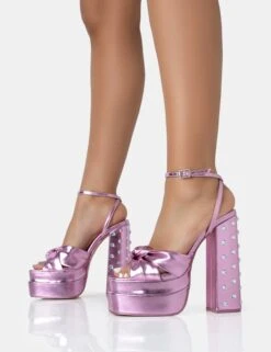 Magnum Pink Metallic PU Knot Strap Platform Diamante Block Heels -LoafLuxe Shop 771A2516