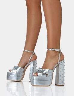 Magnum Silver Pu Knot Strap Platform Diamante Block Heels -LoafLuxe Shop 771A2521