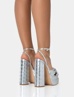 Magnum Silver Pu Knot Strap Platform Diamante Block Heels -LoafLuxe Shop 771A2523