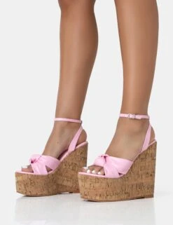 Sandy Pink PU Knot Strap Round Toe Cork Wedge Heels -LoafLuxe Shop 771A2546