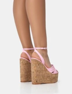 Sandy Pink PU Knot Strap Round Toe Cork Wedge Heels -LoafLuxe Shop 771A2548
