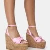 Sandy Pink PU Knot Strap Round Toe Cork Wedge Heels -LoafLuxe Shop 771A2549