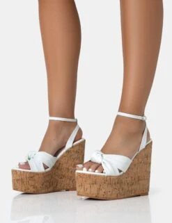 Sandy White PU Knot Strap Round Toe Cork Wedge Heels -LoafLuxe Shop 771A2550