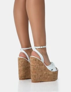 Sandy White PU Knot Strap Round Toe Cork Wedge Heels -LoafLuxe Shop 771A2552