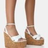 Sandy White PU Knot Strap Round Toe Cork Wedge Heels -LoafLuxe Shop 771A2553